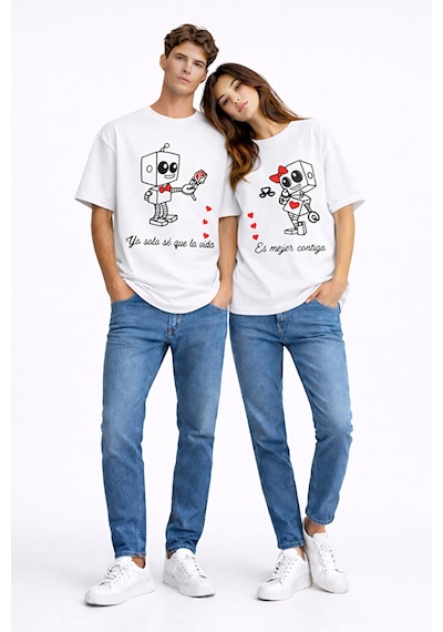 Sevgili Kombini Robot Baskılı Çift Tişört Oversize Unisex Partner Beyaz