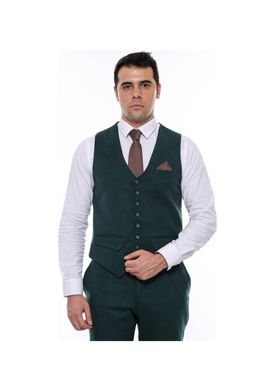Wessi Yeşil Desensiz 8 Düğmeli Erkek Yelek 001