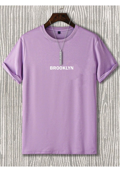 Flood Of Style Erkek Lila Brooklyn Baskılı Oversize Bisiklet Yaka Kısa Kollu Tshirt Mor