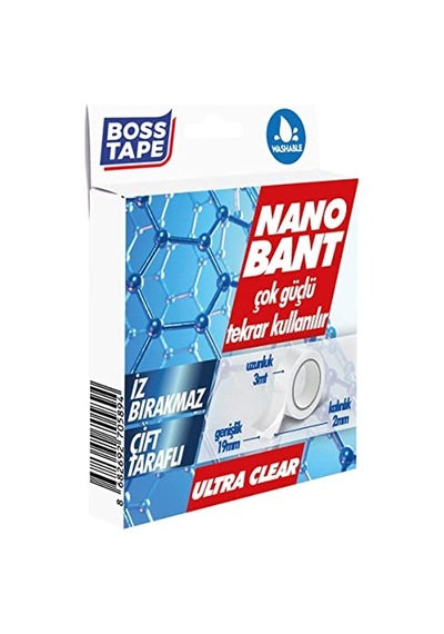 Boss Tape Tarafli Nano Bant, 19 Mm X 3 Mt Boyut, Seffaf Çift