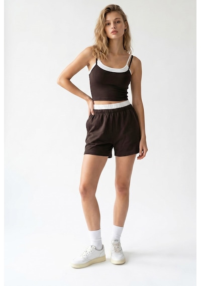 Mixray 2151 Kadın Biye Detaylı Askılı Crop Top Şort Takım Kahve