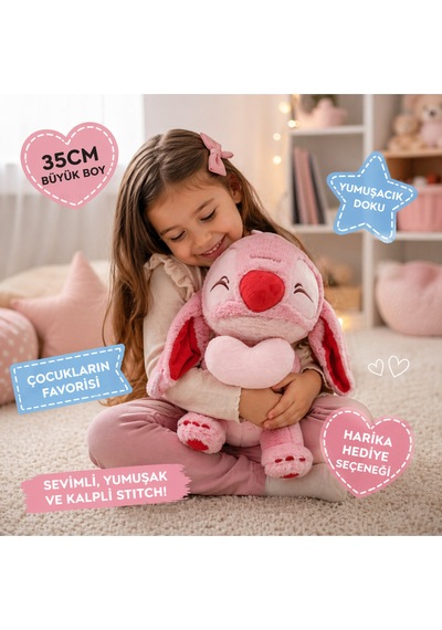 35 Cm Kalpli Stitch Peluş Oyuncak Sevimli Yumuşacık Büyük Boy Hediye Ve Koleksiyonluk Pembe Çok Renkli