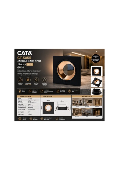 Ct-5055 Jaguar Kare Spot Siyah Rose Gu10 Hareketli Dekoratif Sıva Altı Spot Kasa