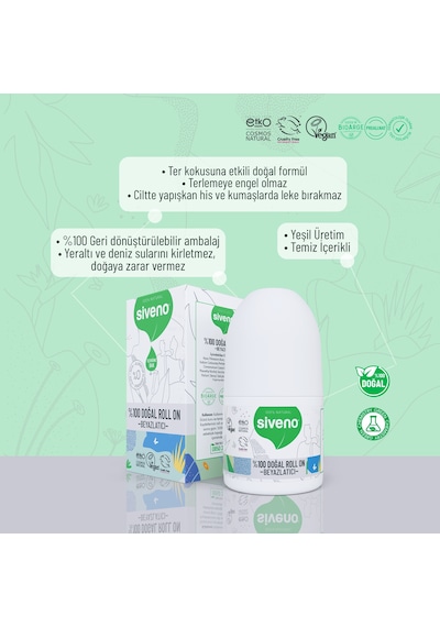Siveno %100 Doğal Roll On Beyazlatıcı Etkili Deodorant Ter Kokusu Önleyici Bitkisel Leke Bırakmayan Vegan 50 ML
