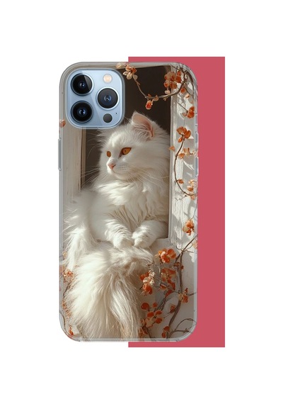 İphone 13 Pro Max Uyumlu Penceredeki Beyaz Kedi Uv Baskılı Silikon Kılıf Renkli