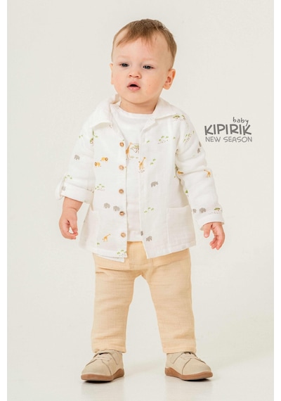 Caramell 3'lü Bebek Takımı Müslin Gömlek Pantalon Tişört Zürafa Desenli -1116 Ekru