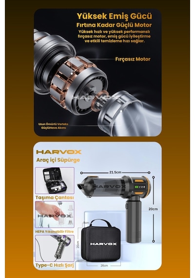 Harvox Professional 18000pa Fırçasız Motorlu Şarjlı Araç Süpürgesi - Sarı