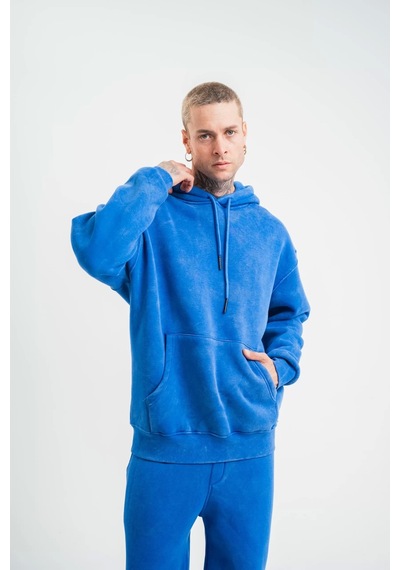 Unisex Double Oversize Kapşonlu Yıkamalı Sweatshirt - Mavi Mavi