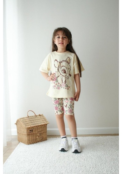 Jeliboomkidswear Kiz Çoçuk 3-10 Yaş Şortlu Kısa Kollu 2 Li Takım Krem