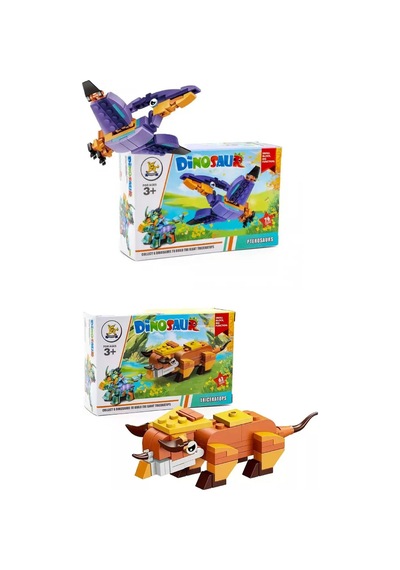 2'li Dinozor Yapım Seti - Triceratops Ve Pterodactyl Figürlü Eğitici Blok Oyuncak 139 Parça