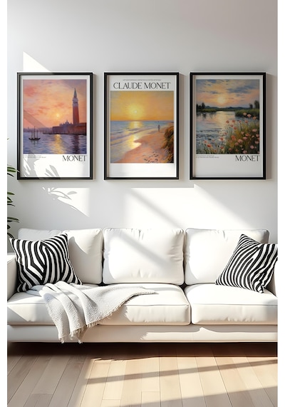 Huhuli Ahşap Siyah Çerçeveli Claude Monet Tablo Seti Huhu556
