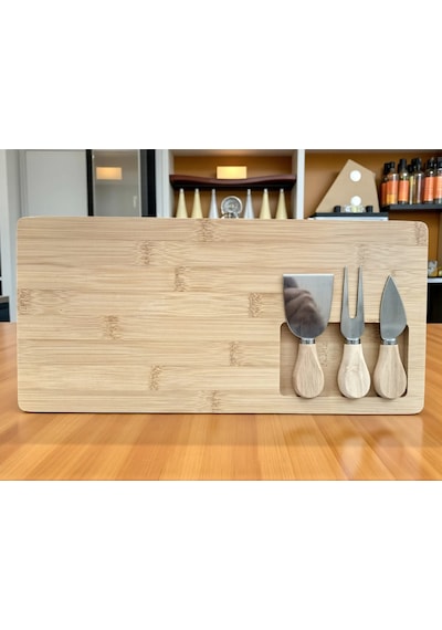 Doğal Bambu Bıçaklı Peynir Servis Sunum Tabağı Kahvaltı Sunum Tahtası Seti 4 Parça 38x18 Cm Kahverengi