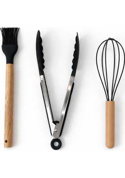 11 Parça Bambu Saplı Silikon Mutfak Seti Kaşıklıklı Isıya Dayanıklı Spatula Kepçe Çırpıcı Maşa Seti Siyah