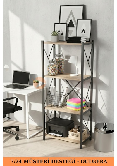 Fourty 4 Raflı Metal Dar Tekli Kitaplık Dekoratif Ofis Salon Rafı 124 Cm Çam