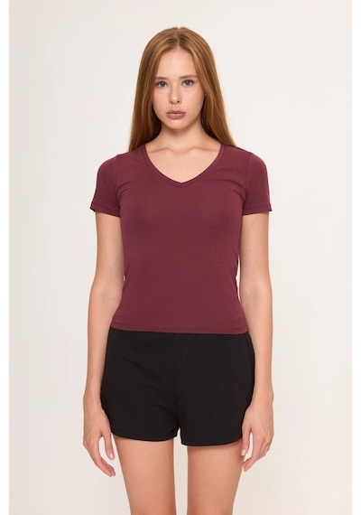 Zoor Ultra Soft Penye Modal V Yaka Kısa Kollu Bluz Bordo