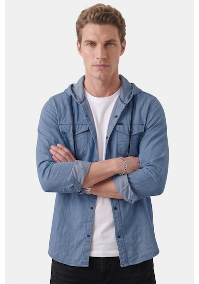 Rizzup Koyu Mavi Kapüşonlu Likralı Kot Gömlek Slim Fit Çıt Çıt Kapamalı Erkek Gömlek 2300396
