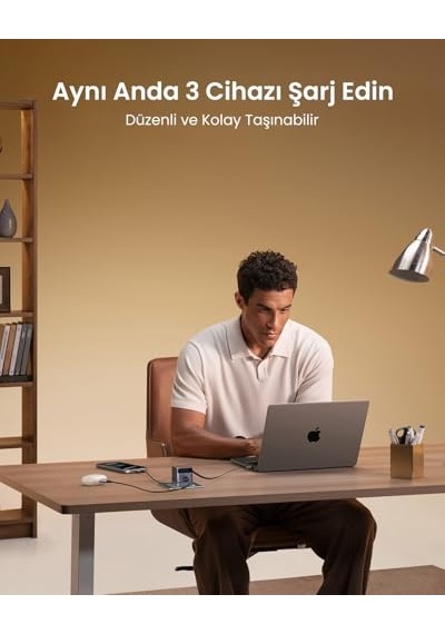 Ayrex Ugreen 65w Makaralı Dahili Kablolu Gan Hızlı Şarj Cihazı, 2xusb-c, 1xusb-a, Gri, 65825