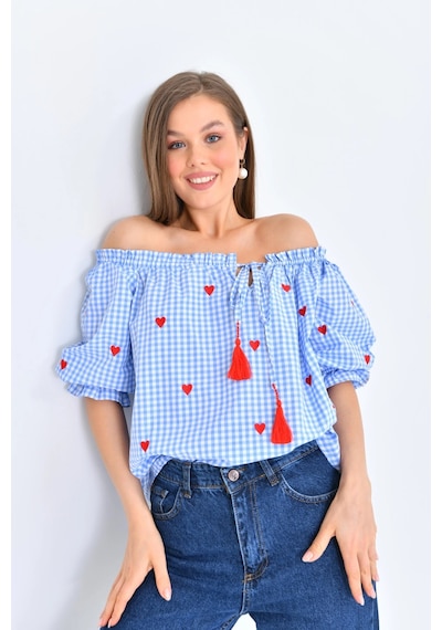 Park Karon Kadın Mavi Pötikare Yakası Fırfırlı Oversize Dokuma Bluz 001