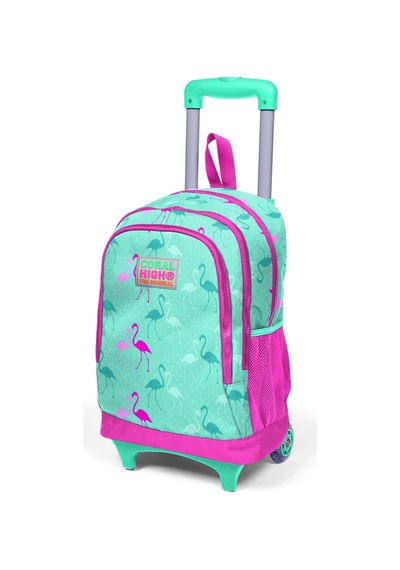 Coral High Kids Su Yeşili Neon Pembe Flamingo Desenli Üç Bölmeli Okul Çantası 23131