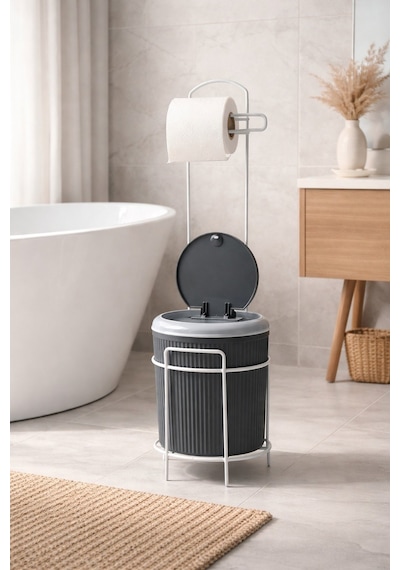 Decorev Modern Click Kapaklı 5 Lt Banyo Kovası Ve Tuvalet Kağıtlığı 2 Si 1 Arada Şık Tasarım Gri
