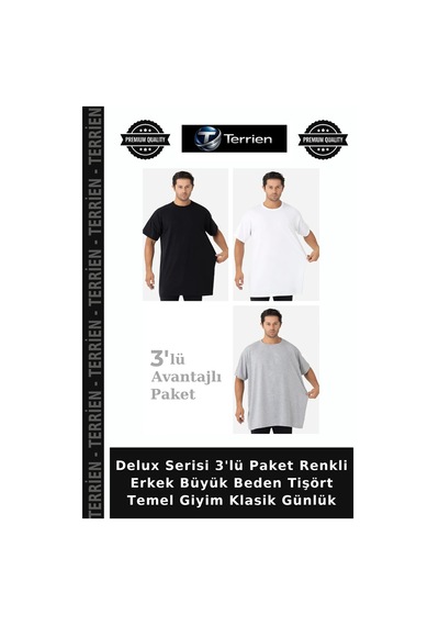 Terrien Delux Serisi 3'lü Paket Renkli Erkek Büyük Beden Tişört Temel Giyim Klasik Günlük Beyaz Siyah Gri