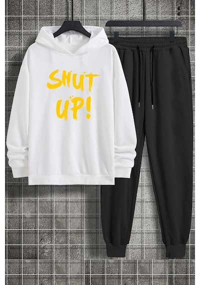 Uyguntarz Unisex Shut Up Baskılı Eşofman Takımı Beyaz