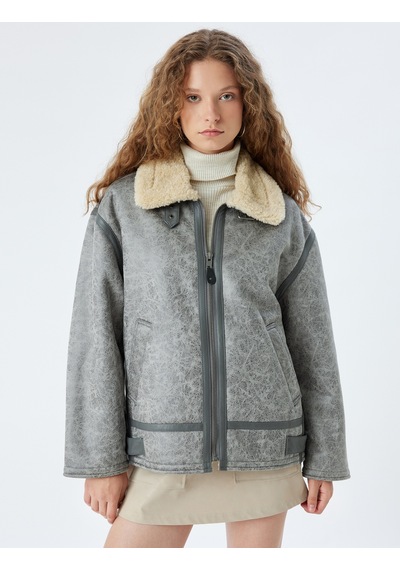 Koton Oversize Suni Deri Ceket Klasik Peluş Yaka Fermuarlı Cep Detaylı Gri 5wal20105ıw Gri