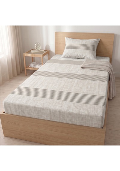 Maki Home %100 Pamuklu Keten Görünümlü Çizgili Açık Bej 120x200 Tek Kişilik Lastikli Çarşaf Seti Minimalist Modern