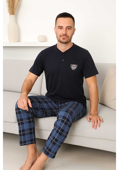 Tenra Erkek Pijama Takımı %100 Pamuk Kısa Kollu Lacivert