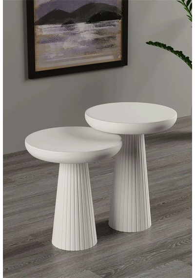 Wood Wooden Ahşap 2 Li Set Fitilli Mantar Beyaz Yan Sehpa Modern Fiskos / Çiçeklik / Zigon Beyaz