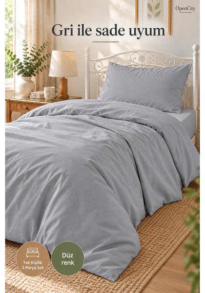 Gri Tek Kişilik Nevresim Takımı 3 Parça Düz Renk 160x220 Nevresim Çarşaf Yastık Kılıfı Sade Tasarım