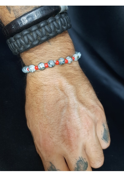 Mryart Gri Cam Boncuk Ve Kırmızı Kum Boncuk Bileklik Çok renkli