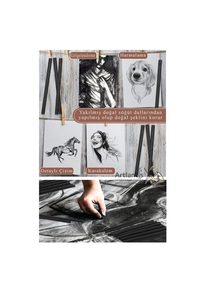 Kömür Çubukları Doğal Füzen 12 Li 1 Paket Eskiz Karakalem Çizim Gölgeleme Kömürü Siyah Willow Charcoal Hobi S