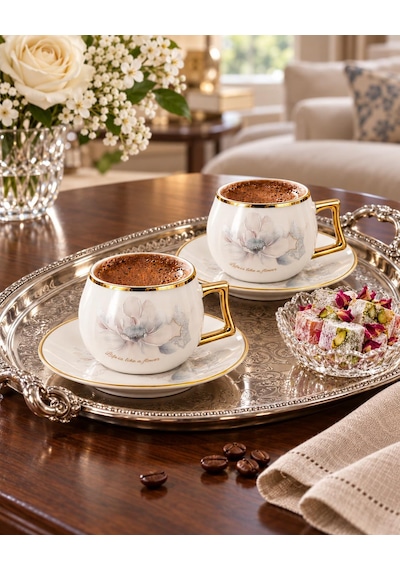Valkyrie Magnolia Serisi 12 Parça 6 Kişilik 100 Ml Gold Çiçek Desenli Türk Kahvesi Fincan Takımı Beyaz Altın