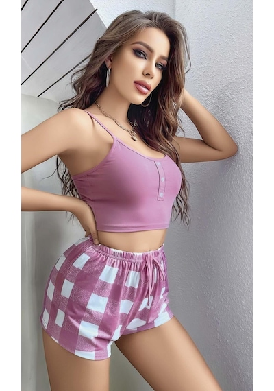 Findit Pembe Kareli Desenli Askılı Şortlu Pijama Takım Pembe