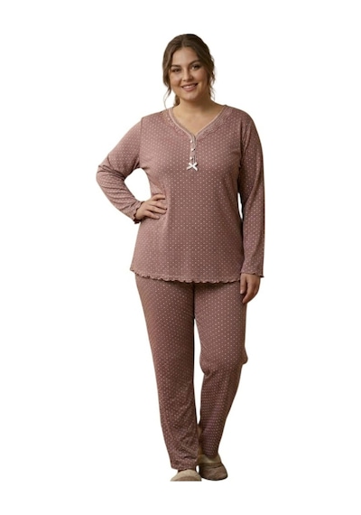 Miss Melina Büyük Beden % 100 Pamuk Uzun Kol Kadın Pijama Takımı Pudra - 9095023138633