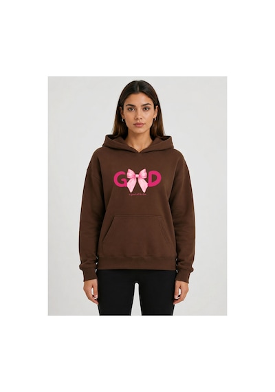 Herkesemoda Good Kurdele Baskılı Kapüşonlu 2 İplik Şardonlu Sweatshirt Kahverengi