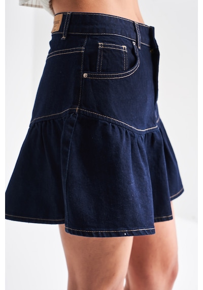 it's basic Kadın Koyu Mavi Renk 1s5-50 Volanlı Süper Mini %100 Koton Denim Etek