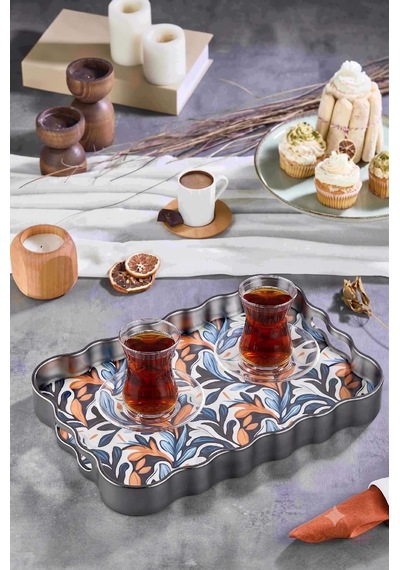 Dijital Baskılı Cam Servis Tepsisi Ebruli Motifli, 40x28 Cm Siyah