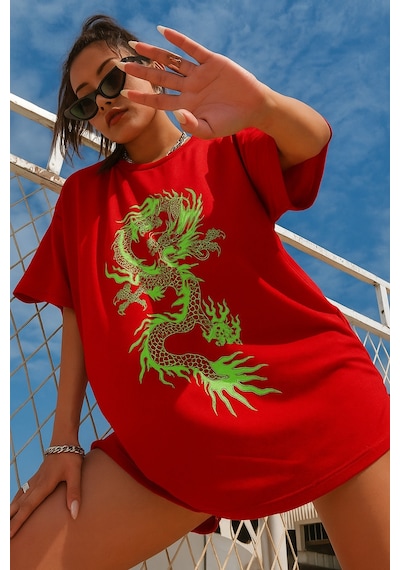 Ejderha Baskılı Oversize T-shirt Çok Renkli