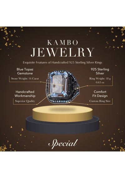 Kambo El Yapımı 925 Ayar Gümüş Mavi Topaz Taşlı Erkek Yüzük - 18 Gr