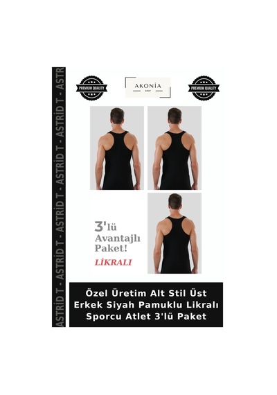 Astrid T Özel Üretim Alt Stil Üst Erkek Siyah Pamuklu Likralı Sporcu Atlet 3'lü Paket