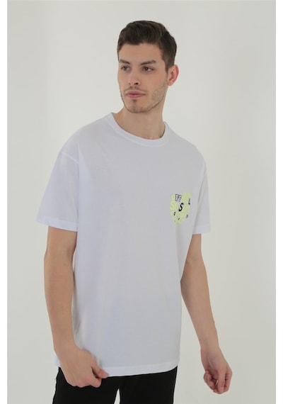 Erkek Baskılı Bisiklet Yaka T-Shirt - Beyaz