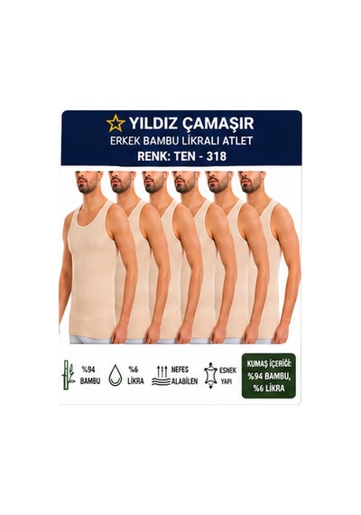 Yıldız Çamaşır Erkek Bambu Likralı Askılı Atlet 315-316-317-318 - 6 Adet Ten