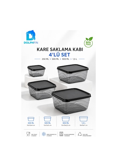 4 Lü Kare Saklama Kabı Seti Kapaklı 250 Ml 500 Ml 900 Ml 1,5 L Bpa İçermez Siyah