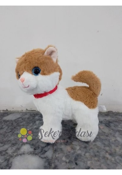 Sevimli Ayakta Duran Miyavlayan Peluş Kedi 20 Cm Sesli Oyuncak Turuncu