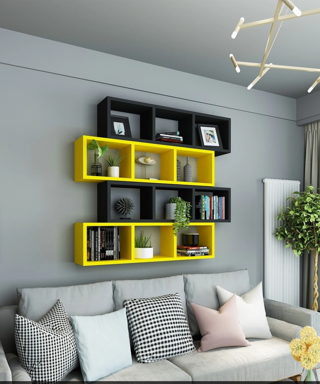 Kitaplık Lux Yatay Duvar Rafı Sarı Siyah 4 Lü Takım Sarı Siyah
