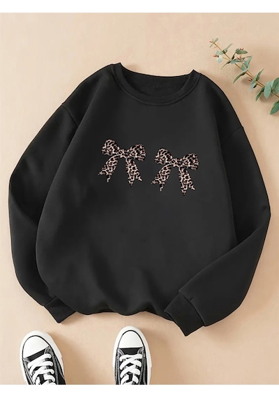 Uyguntarz Unisex Leopar Desenli Kurdele Baskılı Oversize Sweatshirt siyah