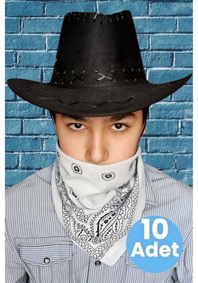 Uniquetrenders Çocuk Unisex Bandanalı 10'lu Nubuk Kovboy Şapkası 8-14 Yaş Siyah 1