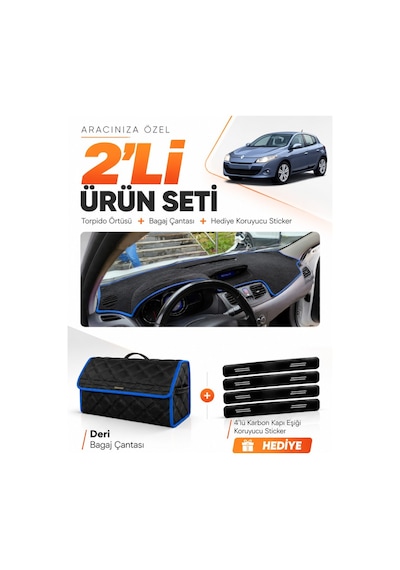 E-biz Renault Megane 3 Küçük Ekran 2008-2015 Uyumlu Torpido + Deri Çanta - Siyah-mavi - Re022